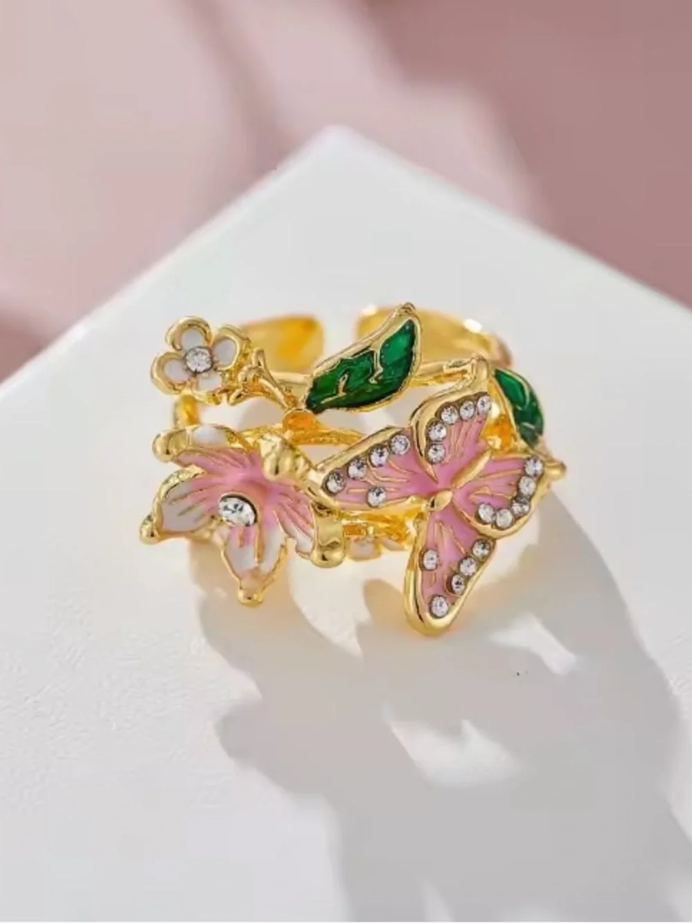 Anthropologie Gold Tone Ring with Pink Enamel Butterfly & Floral Accents